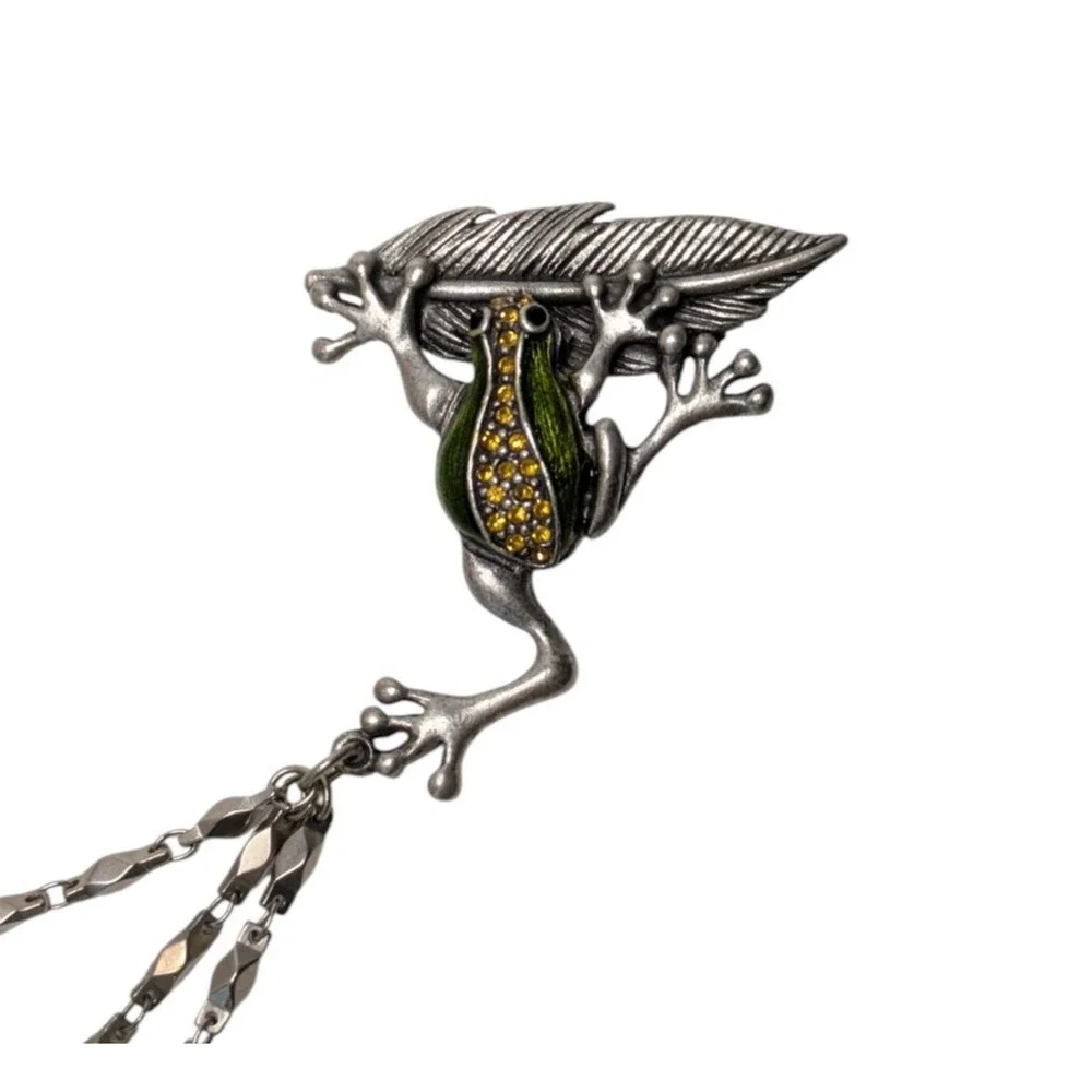 Vintage AJMO Frog Butterfly Lapel Chain Brooch Clip Pin Rhinestone Enamel